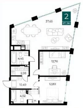 2-к квартира, вторичка, 88м2, 7/14 этаж