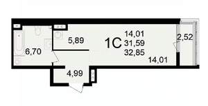 1-к квартира, вторичка, 33м2, 9/24 этаж