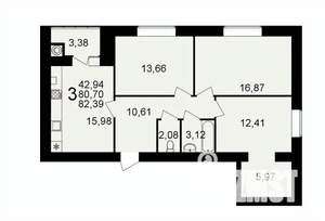 3-к квартира, вторичка, 82м2, 14/16 этаж