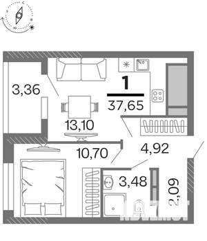 1-к квартира, строящийся дом, 38м2, 12/15 этаж