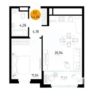 1-к квартира, вторичка, 44м2, 7/25 этаж