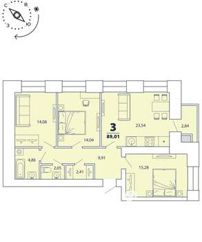 3-к квартира, строящийся дом, 89м2, 12/16 этаж