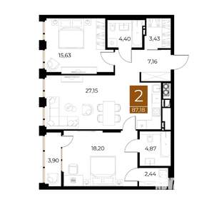 2-к квартира, вторичка, 87м2, 7/9 этаж