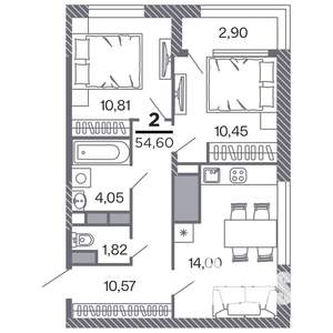 2-к квартира, строящийся дом, 55м2, 16/25 этаж