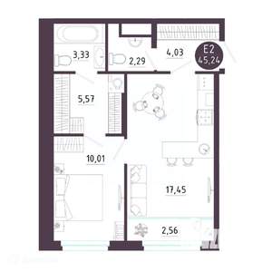 1-к квартира, вторичка, 45м2, 13/19 этаж