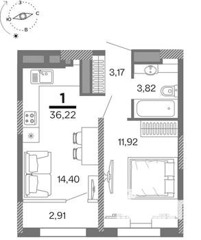1-к квартира, вторичка, 36м2, 23/25 этаж