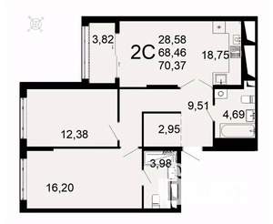 2-к квартира, вторичка, 70м2, 16/26 этаж