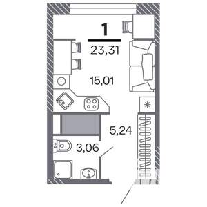 1-к квартира, строящийся дом, 23м2, 24/25 этаж