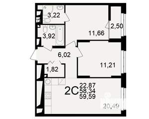 2-к квартира, вторичка, 58м2, 9/25 этаж