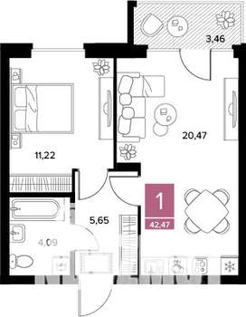 1-к квартира, вторичка, 42м2, 6/9 этаж