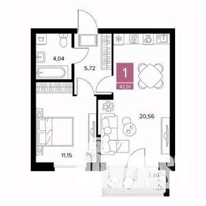 1-к квартира, строящийся дом, 43м2, 2/9 этаж