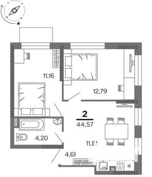 2-к квартира, вторичка, 45м2, 2/25 этаж