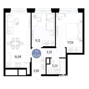 2-к квартира, вторичка, 46м2, 3/14 этаж