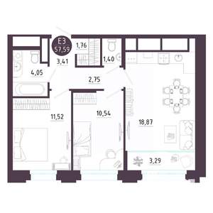 2-к квартира, вторичка, 58м2, 12/18 этаж