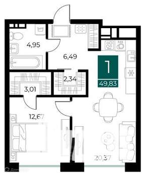 1-к квартира, вторичка, 50м2, 7/14 этаж