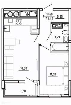 1-к квартира, вторичка, 43м2, 23/26 этаж