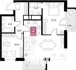 2-к квартира, вторичка, 62м2, 5/9 этаж