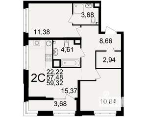 2-к квартира, вторичка, 57м2, 6/25 этаж