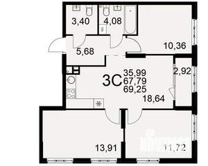 3-к квартира, вторичка, 68м2, 2/22 этаж