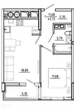 1-к квартира, вторичка, 43м2, 13/26 этаж