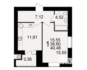 1-к квартира, вторичка, 39м2, 12/15 этаж