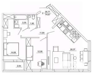 2-к квартира, вторичка, 75м2, 12/26 этаж