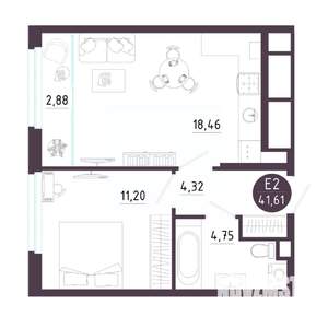 1-к квартира, вторичка, 42м2, 7/18 этаж