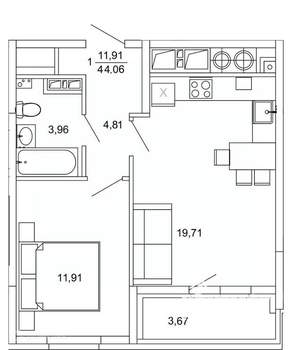 1-к квартира, вторичка, 44м2, 4/26 этаж