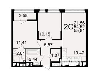 2-к квартира, вторичка, 55м2, 13/25 этаж