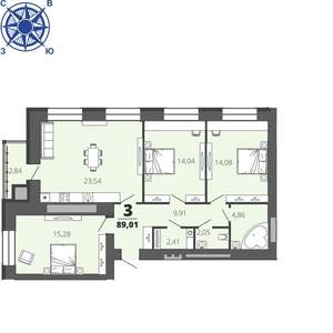 3-к квартира, строящийся дом, 89м2, 11/16 этаж