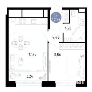 1-к квартира, вторичка, 42м2, 3/20 этаж