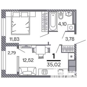 1-к квартира, строящийся дом, 35м2, 12/25 этаж