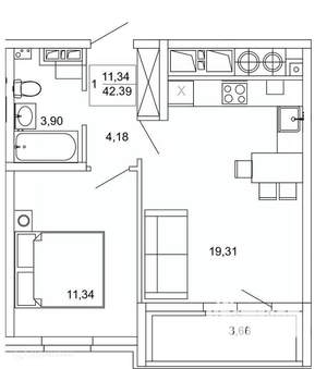 1-к квартира, вторичка, 42м2, 11/26 этаж