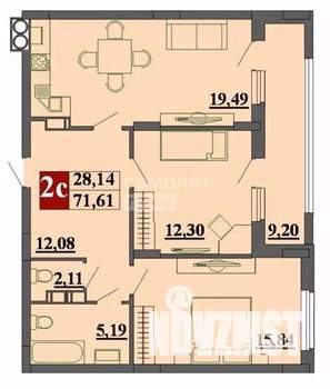2-к квартира, вторичка, 72м2, 8/15 этаж