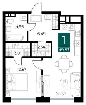 1-к квартира, вторичка, 50м2, 7/14 этаж