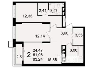 2-к квартира, вторичка, 62м2, 18/23 этаж