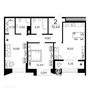 2-к квартира, вторичка, 72м2, 4/20 этаж