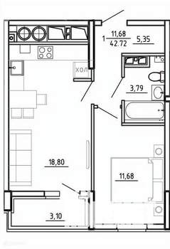 1-к квартира, вторичка, 43м2, 6/26 этаж