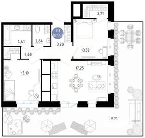 2-к квартира, вторичка, 107м2, 1/25 этаж