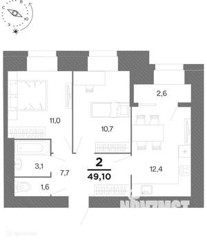 2-к квартира, вторичка, 49м2, 1/17 этаж