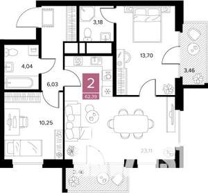 2-к квартира, вторичка, 62м2, 6/9 этаж