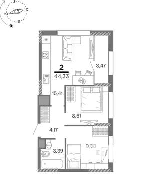 2-к квартира, вторичка, 44м2, 2/25 этаж