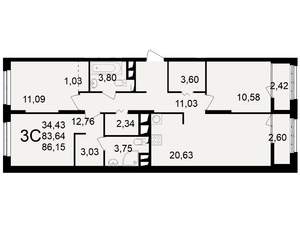 3-к квартира, вторичка, 84м2, 20/25 этаж