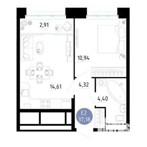1-к квартира, вторичка, 37м2, 19/25 этаж