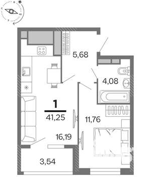 1-к квартира, строящийся дом, 41м2, 12/15 этаж