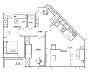2-к квартира, вторичка, 75м2, 7/26 этаж