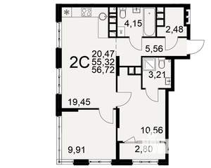2-к квартира, вторичка, 55м2, 13/22 этаж