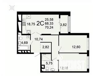 2-к квартира, вторичка, 70м2, 19/26 этаж