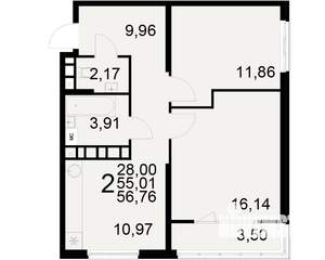 2-к квартира, вторичка, 55м2, 16/21 этаж