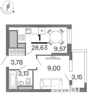 1-к квартира, строящийся дом, 29м2, 12/15 этаж